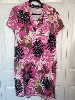 T by Talbots Pink and Black Tropical Print Top